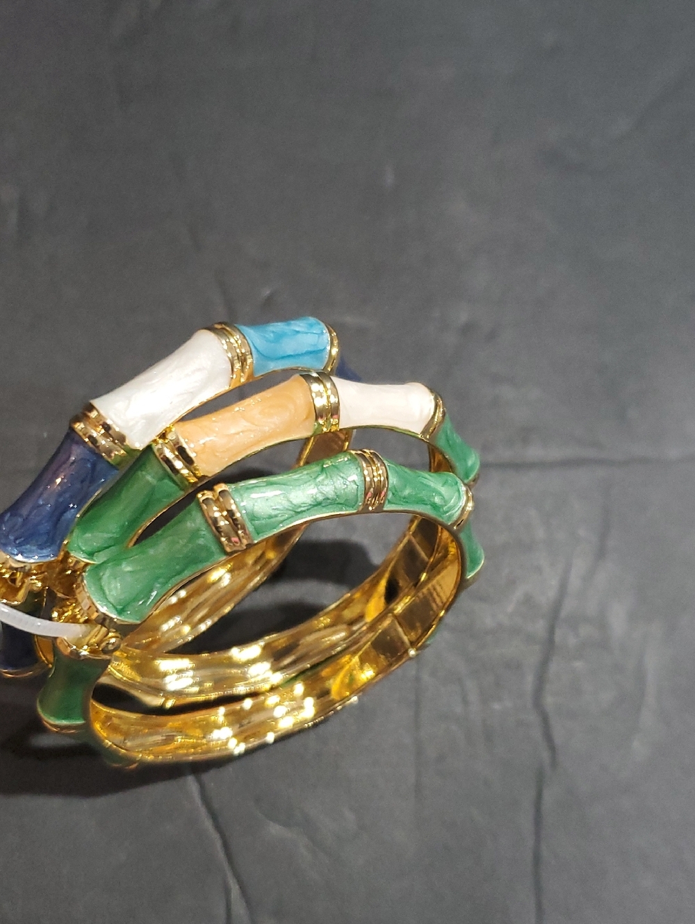 Natasha couture 3 piece stacked gold tone enamel bamboo gemstone bangle set